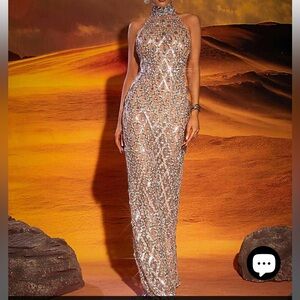 MEW MEWS Liora Sequin Crystal Maxi Dress in Nude